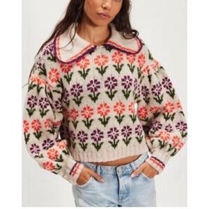 Free People Cream Floral Collared Cropped Sweater with Pink & Purple Flowers